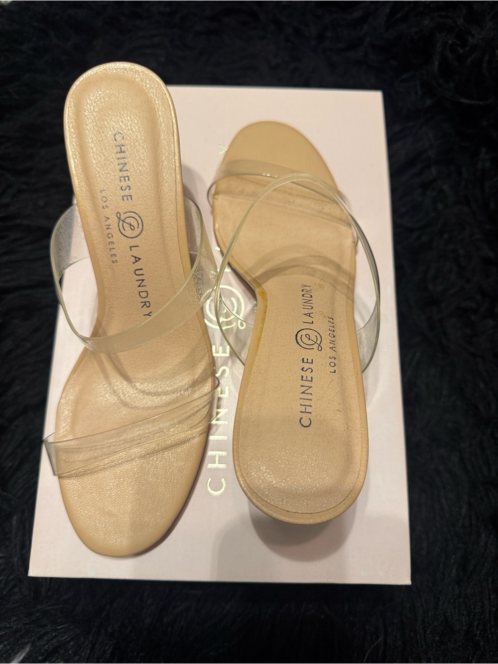 Chinese Laundry Clear Strap Slide Sandals in Beige